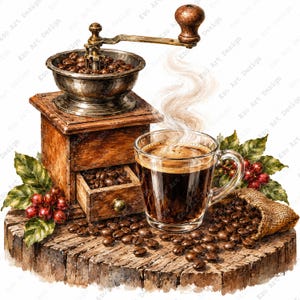 Op de afbeelding: Een houten koffiemolen met een metalen trechter en zwengel staat naast een doorzichtige glazen mok gevuld met dampende zwarte koffie. Verspreide geroosterde koffiebonen, een jute zak en groene koffieplantbladeren liggen op een houten boomstronk.
