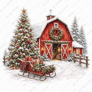 Vinterlada Clipart, Röd lantgård, Snöig semestertall (digital nedladdning)