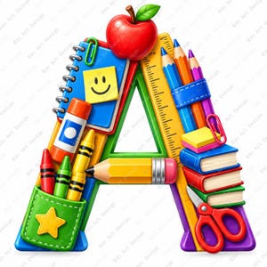 Può includere: Una grande lettera A formata da articoli di cancelleria, con una mela rossa in cima, un quaderno a spirale blu con un post-it giallo sorridente, un righello giallo, matite colorate, pastelli, libri impilati e forbici rosse.