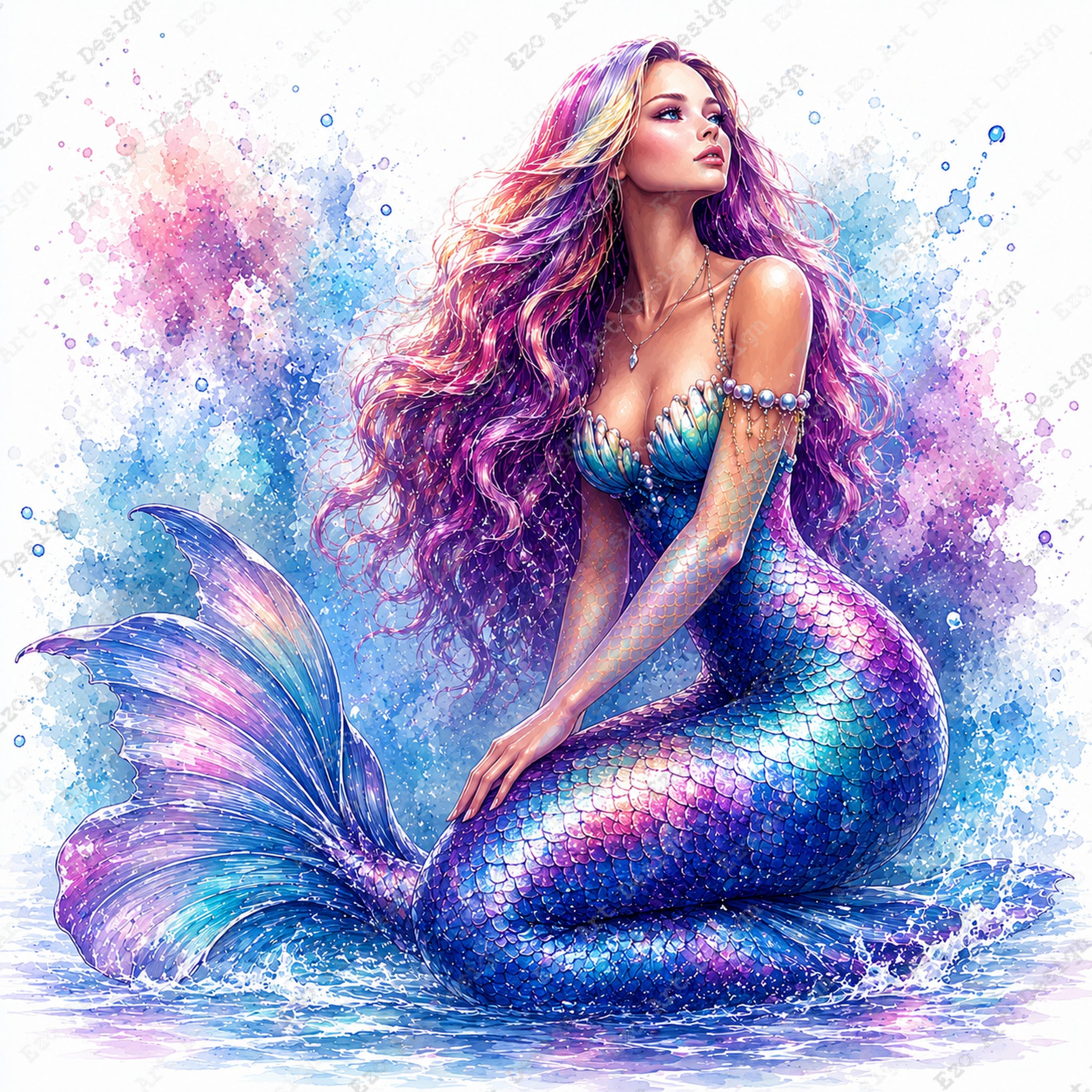 水彩画風人魚クリップアート、ファンタジー海の女性のデザイン、神話の