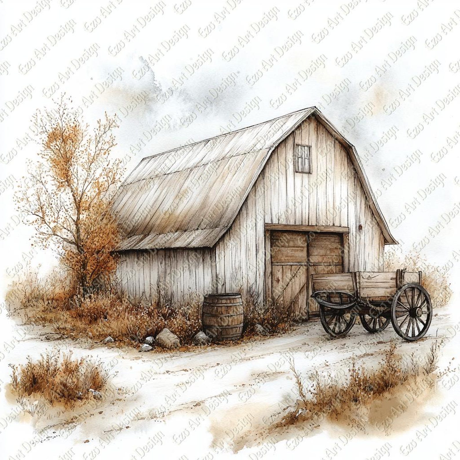 Farmhouse Wall Art, Rustic Barn Clipart Printable, Country Landscape ...