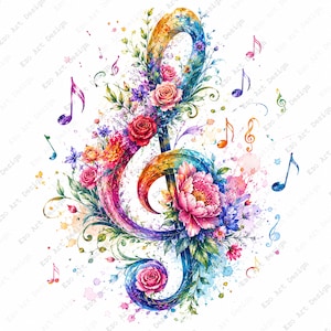 Könnte beinhalten: Eine Illustration eines Violinschlüssels im Aquarellstil mit leuchtenden Regenbogenfarbverläufen, verziert mit detaillierten rosa und roten Rosen, grünem Blattwerk und verstreuten Musiknoten in verschiedenen Farben auf weißem Hintergrund.
