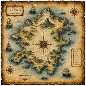 May include: A vintage-style parchment map titled A Map of Isla Verde and the Emerald Sea. It features a central compass rose, illustrations of sailing ships, lighthouses, ruins, and a legend. A nautical miles scale bar is visible at the bottom.