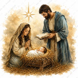 May include: A watercolour illustration of the Nativity. Mary and Joseph are shown with the baby Jesus in a manger. A bright star shines above. The artwork has a soft, warm colour palette.