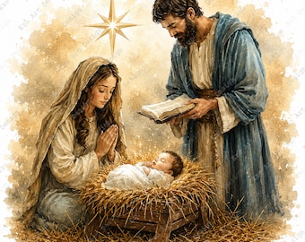 Nativity Scene Clipart, Holy Family Baby Jesus Manger, Christmas Religious (Digital Download)