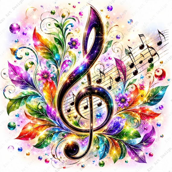 Colorful Treble Clef Clipart, Watercolor Floral Music Note Art