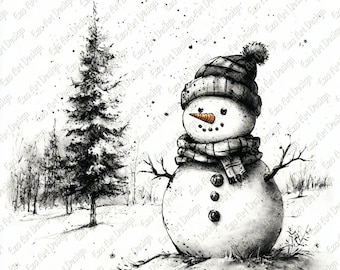 Sketch Snowman Clipart, Xmas Tree, Forest Scene (Digital Download)