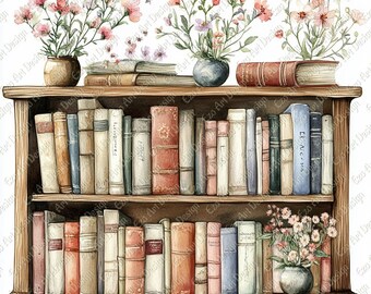 Floral Bookshelf Clipart, Cottagecore Books, Wildflower Decor (Digital Download)