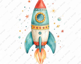 Rocket Ship Clipart, Retro Space Rocket Printable, Kids Galaxy Art (Digital Download)