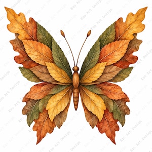 May include: A butterfly illustration composed of layered autumn leaves in shades of orange, yellow, brown, and green. The central body is brown with two thin antennae extending upward. The text Ezo Art Design is repeated across the image.