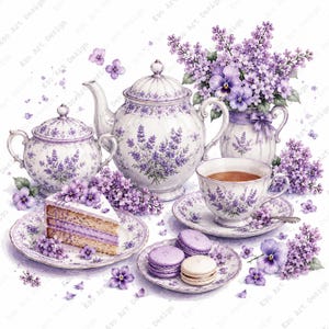 Puede incluir: Un juego de té de porcelana blanca con motivos florales de lavanda y pensamientos morados, que incluye tetera, azucarero y taza con plato. Un trozo de pastel y tres macarons sobre platos, rodeados de racimos de flores de lila moradas.