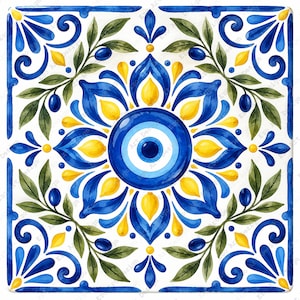 Puede incluir: Un azulejo decorativo cuadrado con un motivo central de ojo turco en azul y blanco, rodeado por un patrón simétrico de limones amarillos, ramas de olivo verdes y aceitunas azul oscuro sobre un fondo blanco.