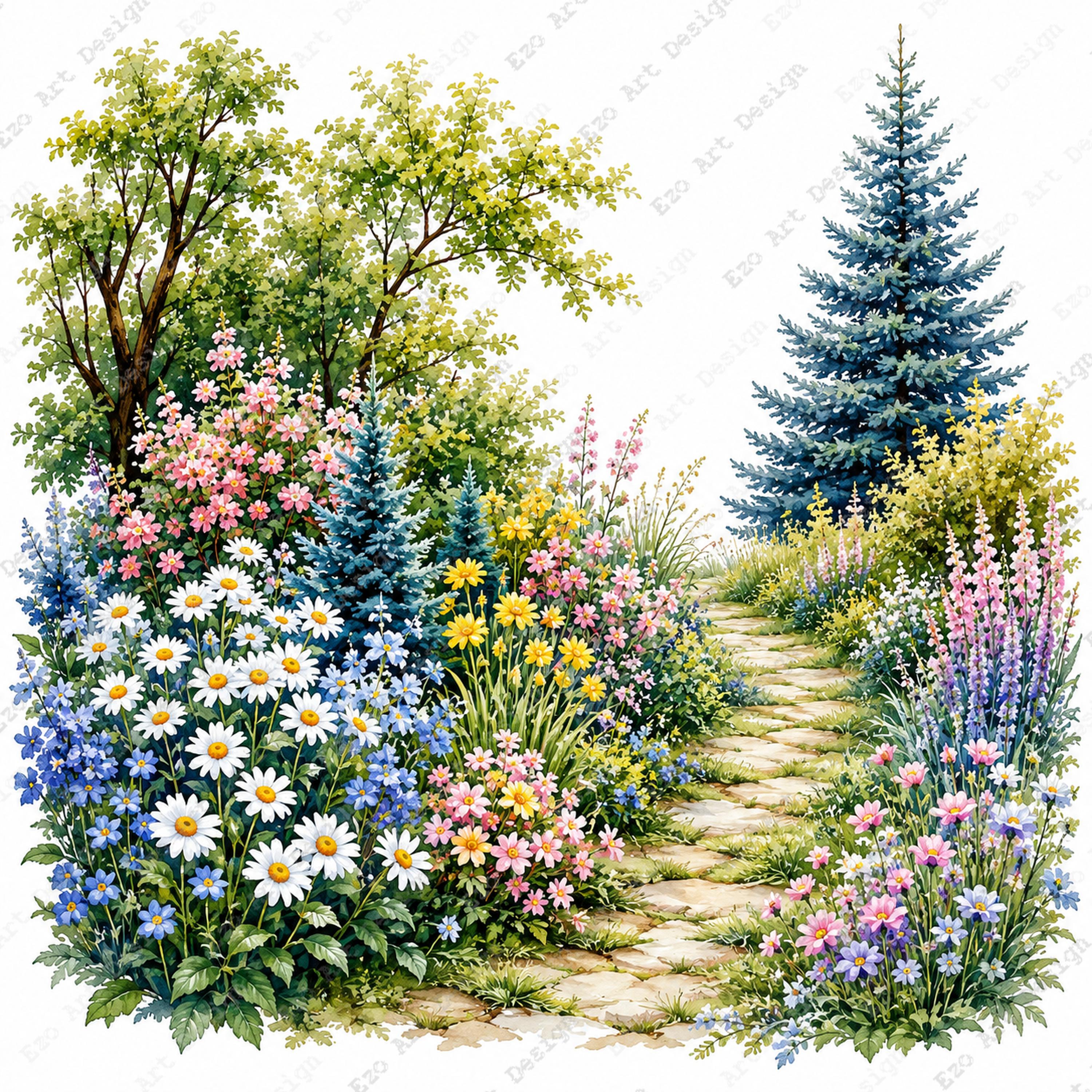 庭の小道のクリップアート、花壇の風景画、植物園の小道のイラスト