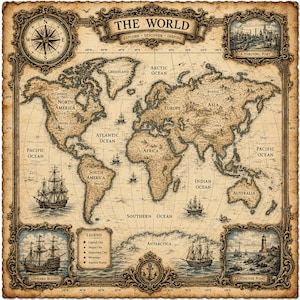 World Map Clipart, Antique Ship Printable, Vintage Explorer Art (Digital Download)
