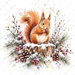 May include: A watercolor illustration of a ginger squirrel sitting on a snow-covered tree stump, holding a small red berry. The scene is decorated with pine branches, brown pinecones, and clusters of red berries, all dusted with white snow.