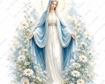 Mother Mary Clipart, Floral Garden Madonna Blue Robe, Catholic Religious (Digital Download)