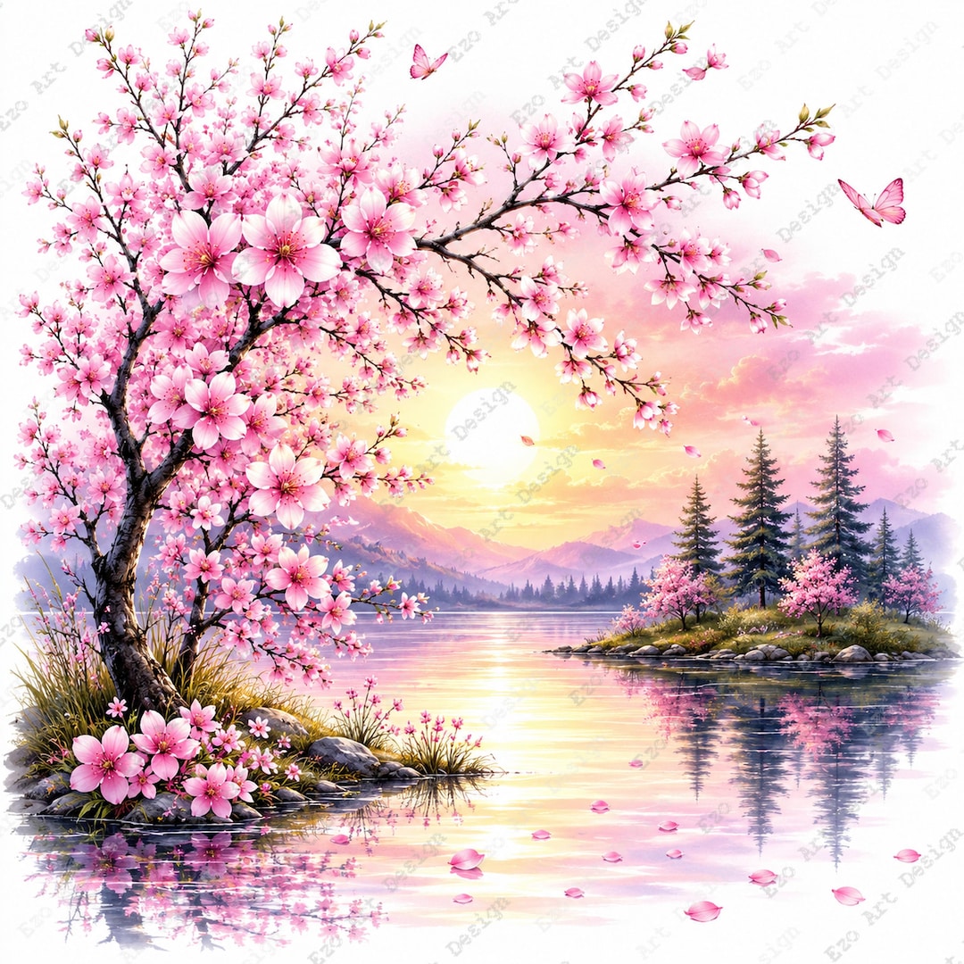 Sakura Landscape Clipart, Cherry Blossom River Nature Scene Art