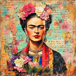 以下が含まれることがあります： 花冠と装飾品を身に着けた女性の鮮やかな肖像画。 このアートワークは、花柄とスクリプト要素を備えたカラフルな背景が特徴です。 女性は赤いショールと黒いトップスを着ており、ネックレスとイヤリングをしています。