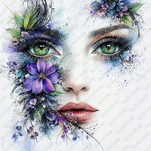 Op de afbeelding: Een aquarel schilderij van een vrouwen gezicht, versierd met bloem elementen. Het kunstwerk toont levendige groene ogen, volle lippen en een waterval van paarse en blauwe bloemen en bladeren, wat een dromerige, artistieke esthetiek creëert.