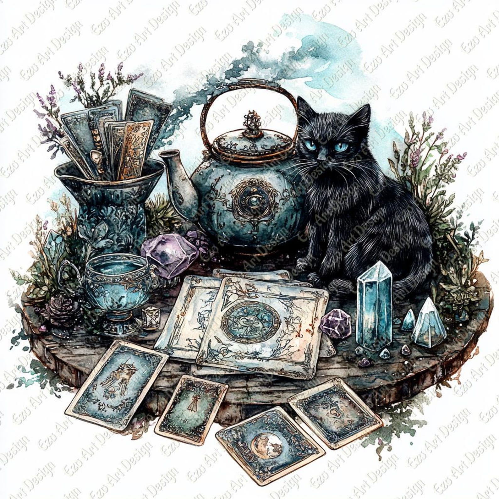 Witch Tea Ritual Clipart, Cat Tarot Cards Art (digital Download) - Etsy