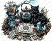 Witch Tea Ritual Clipart, Cat Tarot Cards Art (Digital Download)