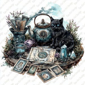 Pode incluir: Ilustração em aquarela de um gato preto com olhos azuis, perto de uma chaleira, cartas de tarô e cristais. A imagem tem um tema místico com uma estética vintage, com tons de azul, roxo e marrom.