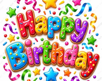 Peut inclure: Un graphique coloré affichant le texte Happy Birthday dans une police brillante rappelant des beignets avec des vermicelles multicolores. Le design est entouré d'étoiles flottantes, de rubans en spirale et de petits points rouges, bleus, verts, jaunes et violets.