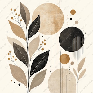 May include: A wall art print featuring a central botanical branch with dark brown and beige leaves and small berries. The composition includes geometric circles in shades of tan, black, and brown, accented by thin vertical lines and small dots.