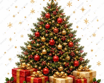 Christmas Tree Clipart, Red Gold Holiday Decor, Festive Gift Printable Art (Digital Download)