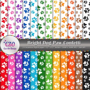 Helle Hund Pfote Konfetti Digital Paper Pack, 24 Papier, Scrapbook Papier, nahtlose Textur, bedruckbares Papier, kommerzielle Nutzung, Instant Download