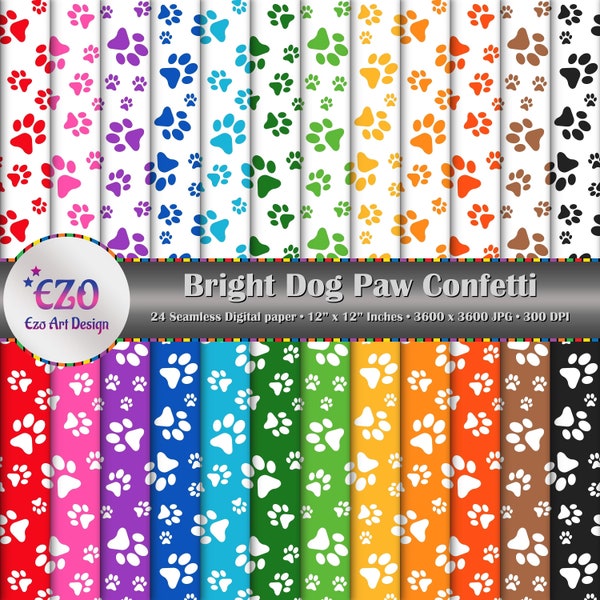 Bright Dog Paw Confetti Digital Paper Pack, 24 Paper, Scrapbook Paper, Seamless Texture, Printable Paper, Commercial Use, Instant Download