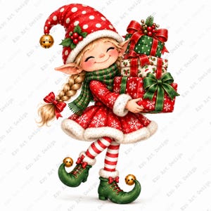May include: A cheerful elf character wearing a red polka-dot hat with a gold bell, a red dress with white snowflake patterns and fur trim, a green scarf, and red-and-white striped leggings. The elf holds a stack of three wrapped gift boxes.