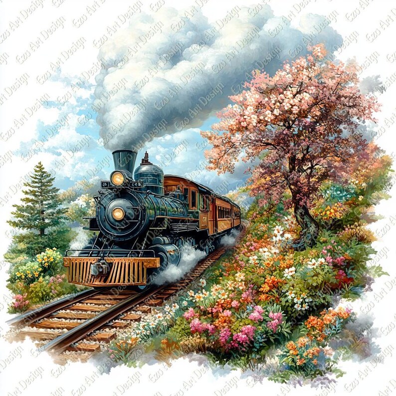 Spring Painted Train Spring Train Clipart, Steam Engine Art, Alpine Journey (digital ...