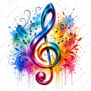 Può includere: Illustrazione ad acquerello vibrante di una chiave di violino, resa in una sfumatura di colori dal blu al rosso. Note musicali e spruzzi di colore circondano la chiave, creando un design dinamico e artisto. Sfondo bianco.