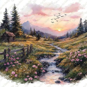 Peut inclure: Peinture à l'aquarelle d'un paysage serein avec un ruisseau traversant une vallée. Des fleurs roses et une clôture en bois sont au premier plan. Le ciel du coucher de soleil est rempli de teintes roses et orangées, avec des oiseaux en vol.