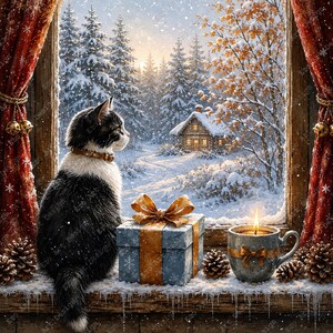 May include: A black and white cat with a gold collar sits on a snowy windowsill next to a blue gift box with a gold ribbon and a lit candle in a mug. Red curtains frame the window, which overlooks a snowy forest with a small cabin.