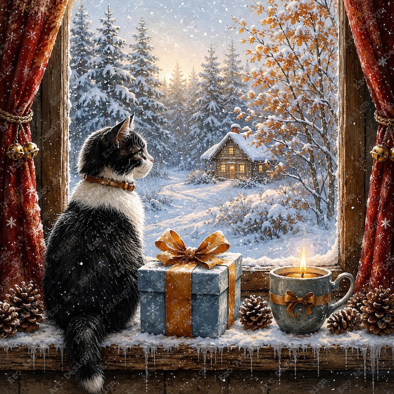 May include: A black and white cat with a gold collar sits on a snowy windowsill next to a blue gift box with a gold ribbon and a lit candle in a mug. Red curtains frame the window, which overlooks a snowy forest with a small cabin.