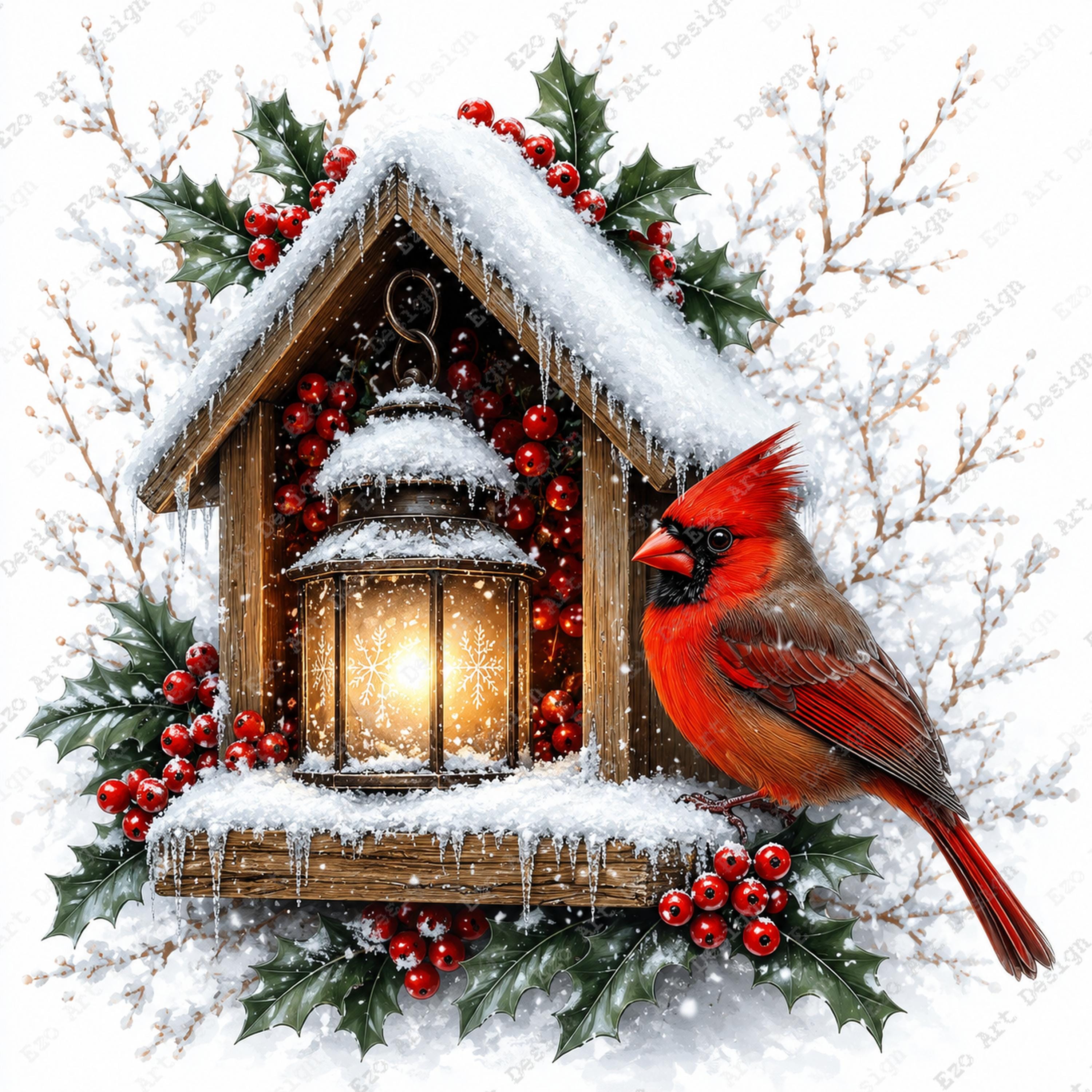 Snowy Birdhouse Cardinal Clipart, Winter Holiday Christmas Art
