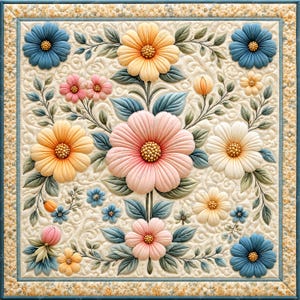 May include: A square quilt with a floral design. It features raised, three-dimensional flowers in pink, yellow, white, and blue. The flowers are surrounded by green leaves and stems on a cream background with a patterned border.