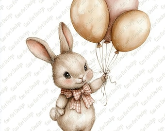 Imágenes prediseñadas de conejitos en acuarela, decoración para baby shower y habitación infantil, globo de conejo (descarga digital JPG)
