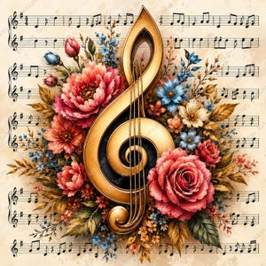 May include: A golden treble clef is surrounded by a vibrant arrangement of flowers, including red roses, pink peonies, and blue blossoms. The floral display is set against a backdrop of musical notes on aged paper, creating a harmonious blend of art and music.