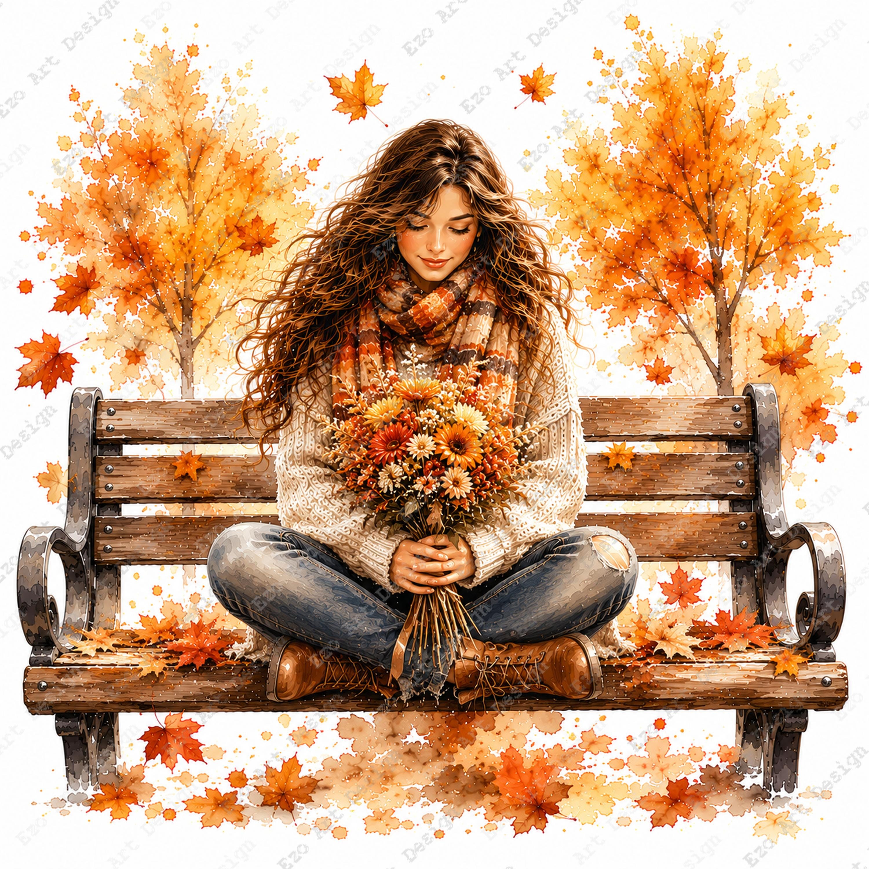 Autumn Girl Clipart, Watercolor Fall Park Bench, Cozy Season