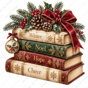 May include: A stack of four vintage-style books with cream, green, and red covers, labeled Winter, Noel, Hope, and Cheer. The books are decorated with pine branches, pinecones, red berries, a large red ribbon bow, and a hanging Christmas ornament.
