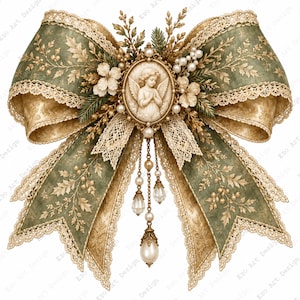 Puede incluir: Un lazo decorativo de tela verde salvia con patrones de hojas doradas y ribetes de encaje crema. El centro muestra un camafeo ovalado de un ángel rezando, acentuado con perlas blancas, cadenas doradas y colgantes de cristal en forma de lágrima.