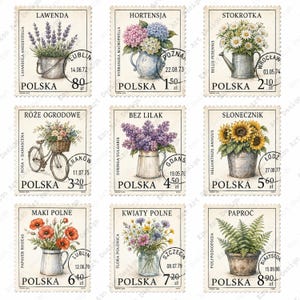 Puede incluir: Una colección de nueve sellos postales de Polonia, cada uno con ilustraciones botánicas de flores en varios recipientes como cubos, jarras y una cesta de bicicleta, con texto que incluye nombres de plantas y nombres de ciudades polacas.
