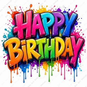 May include: A colourful graphic featuring the words "HAPPY BIRTHDAY" in bold, graffiti-style lettering. The letters are outlined in black and filled with shades of pink, blue, purple, yellow, and green. Paint splatters and drips surround the text.