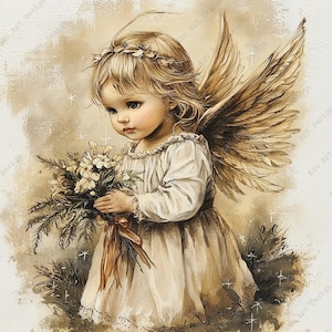 May include: A sepia-toned illustration of a young angel with blonde hair, wearing a floral crown and a simple white dress. The angel has large feathered wings and is holding a bouquet of white flowers tied with a ribbon, set against a textured background.