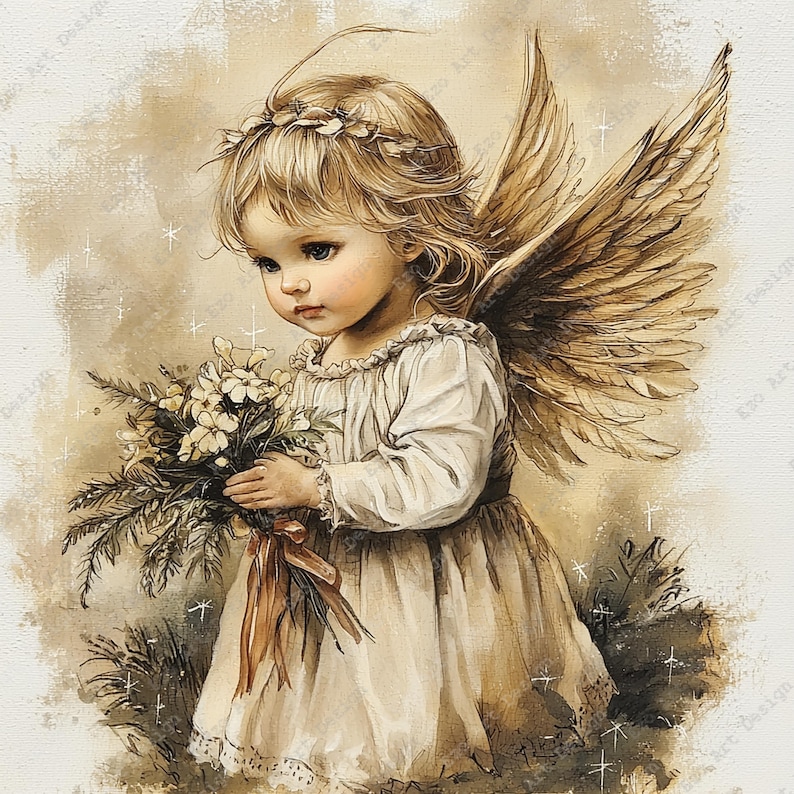 May include: A sepia-toned illustration of a young angel with blonde hair, wearing a floral crown and a simple white dress. The angel has large feathered wings and is holding a bouquet of white flowers tied with a ribbon, set against a textured background.
