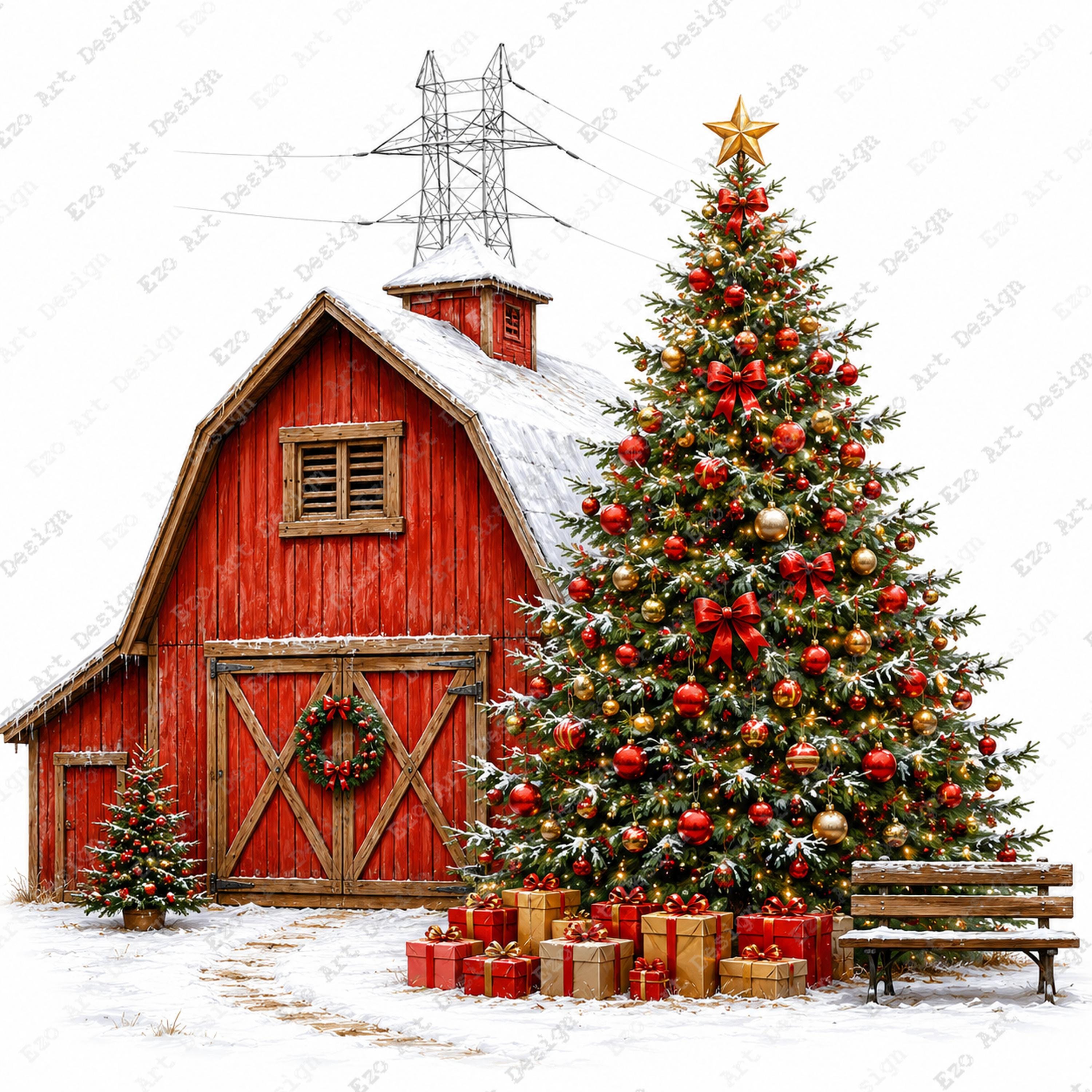 Christmas Farm Clipart, Red Barn Snow Tree Holiday Design, Winter