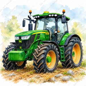 May include: A green and yellow John Deere 6155R tractor with large black tires, a front weight, and a cab. The vehicle features a black grille, headlights, side mirrors, and amber roof lights, rendered in a watercolor style on a white background.